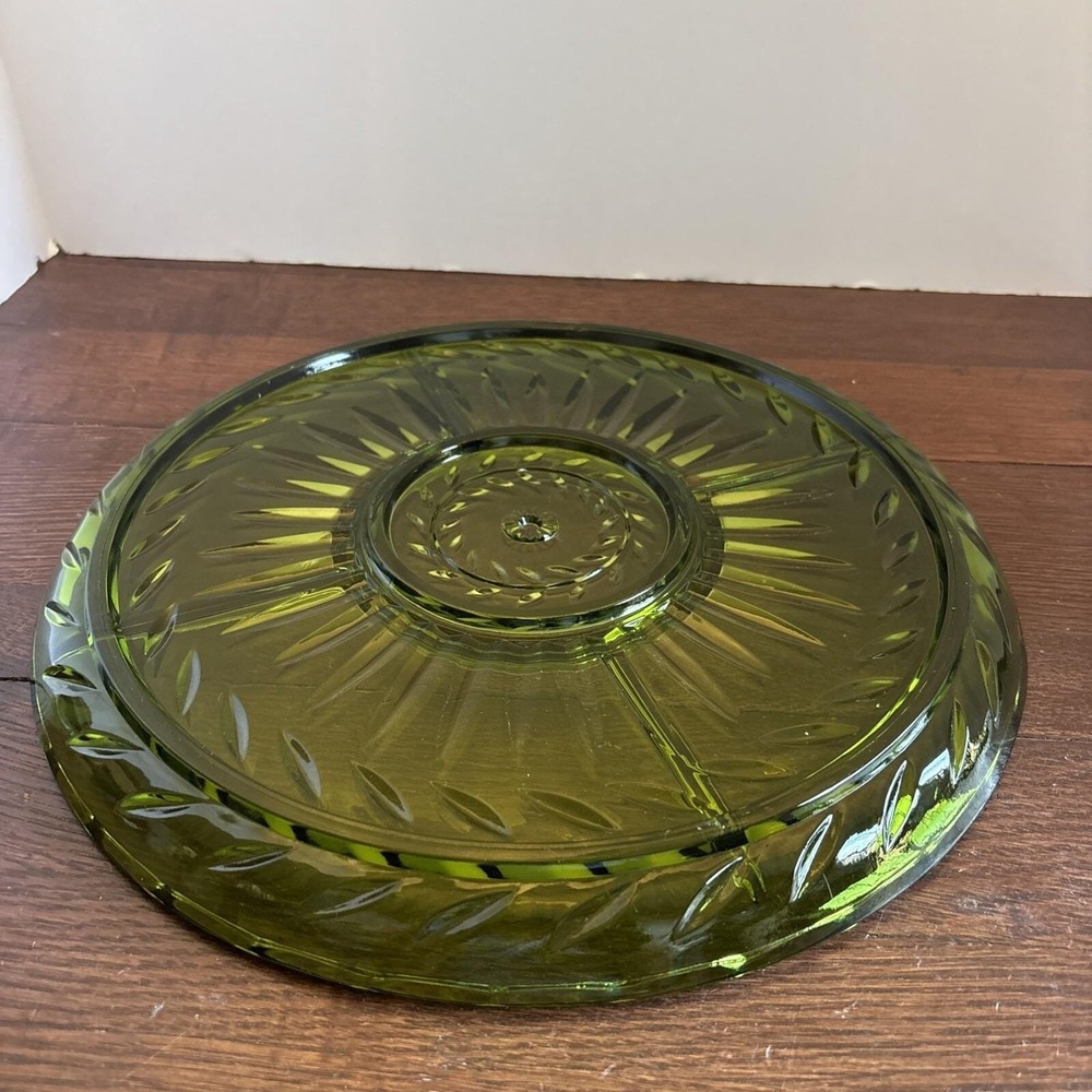 Vintage Indiana Vintage Avocado Green Glass Divided Relish Serving Platter Round - Picture 7 of 9